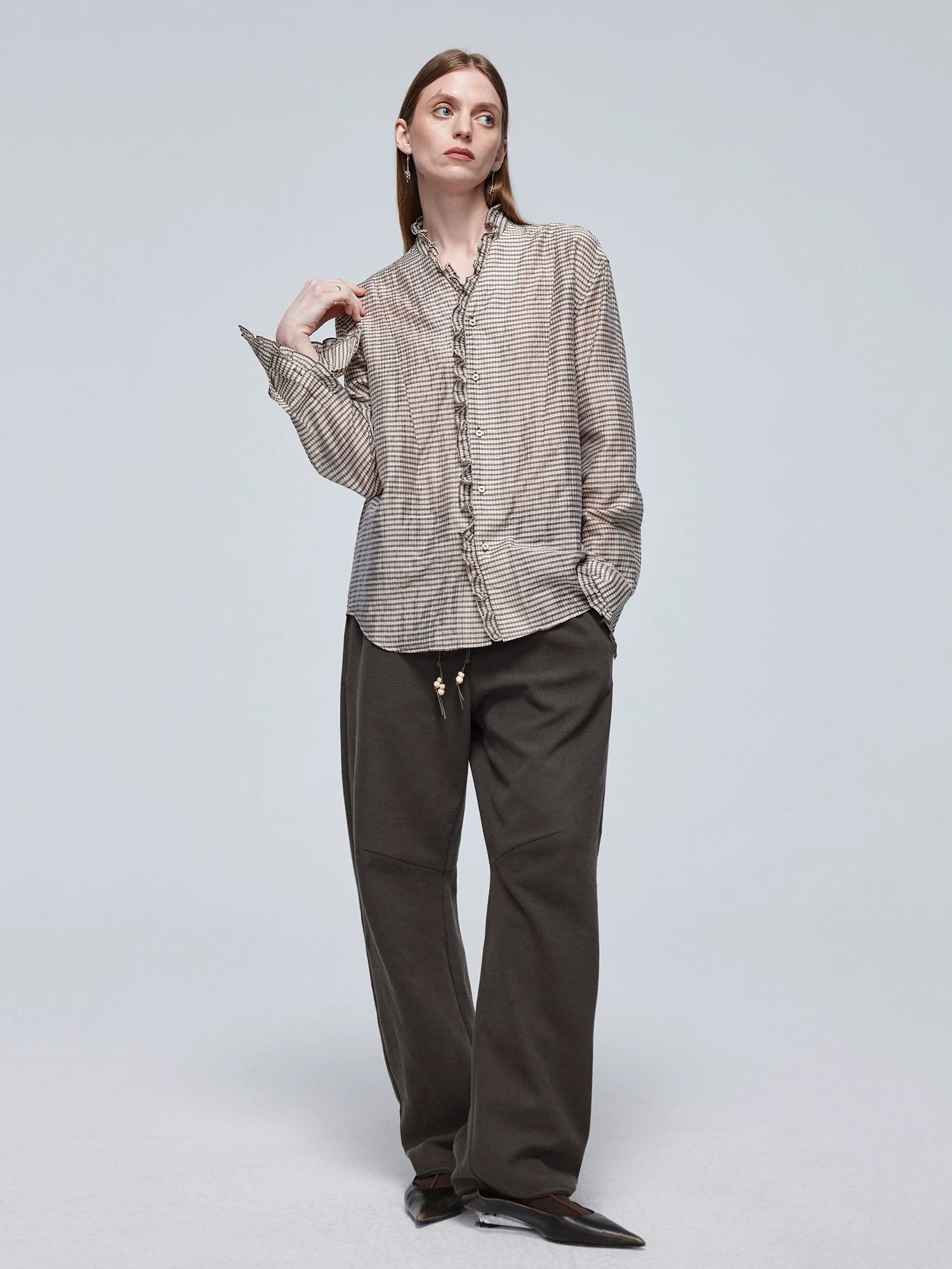 Ruffle-Trim Checked Button-Up Shirt