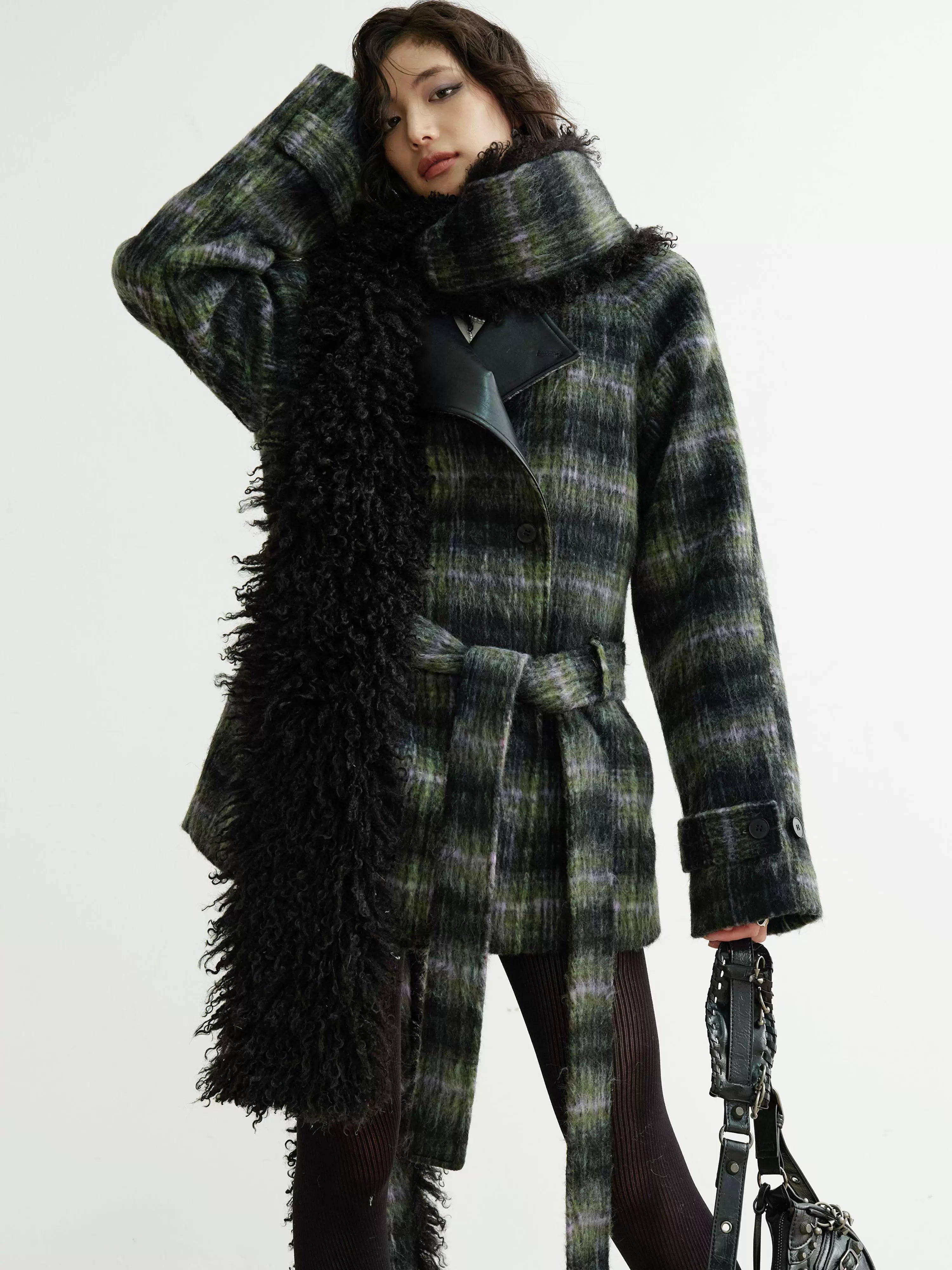 Shadow Plaid Fringe Wrap Coat