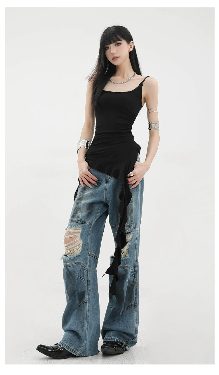 Black Asymmetric Ribbon Strap Tank Top With Ruffle Edge Design - chiclara