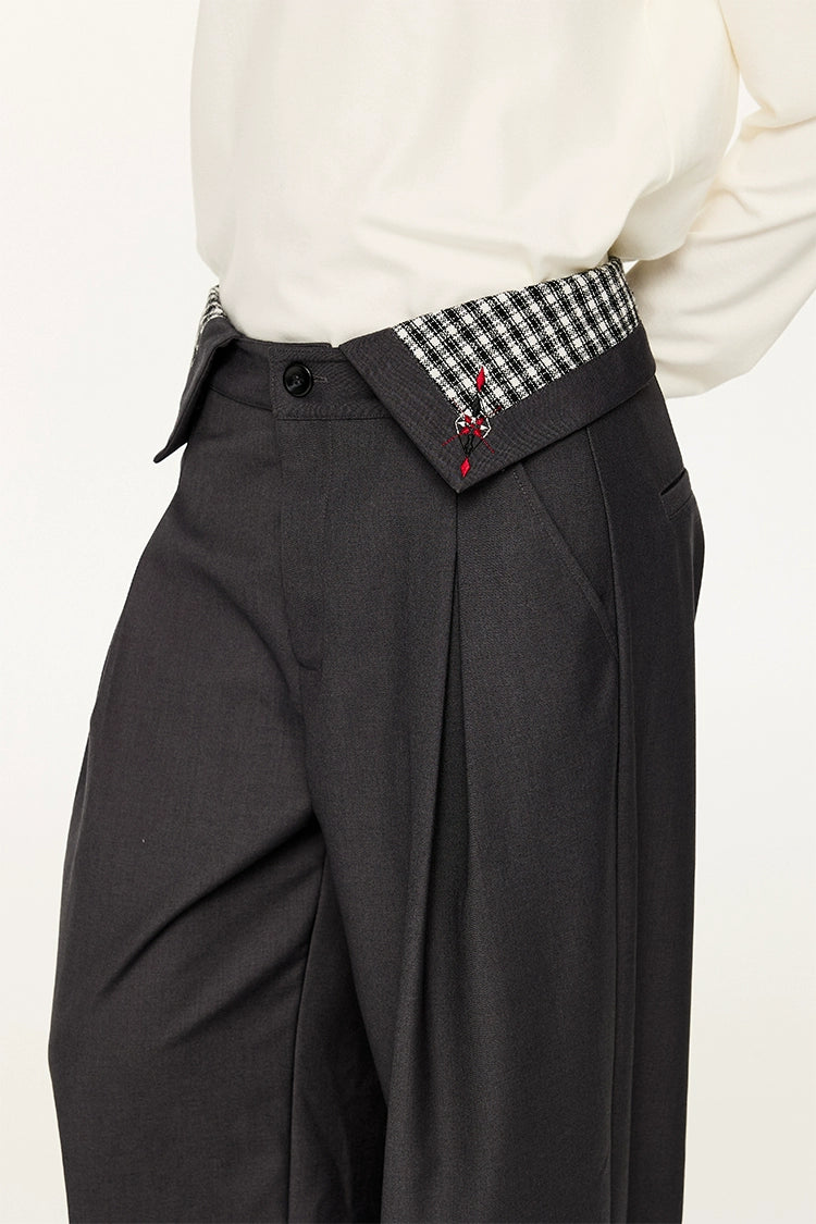 Plaid Waist Detail Wide-Leg Trousers