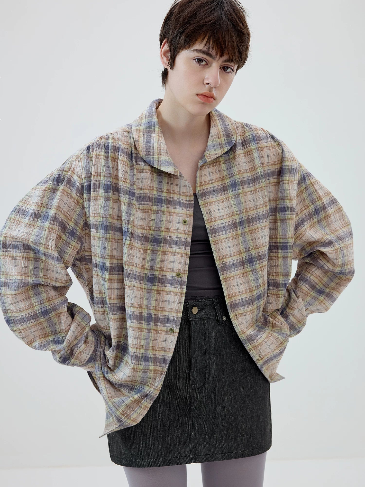 Oversized Pastel Plaid Button-Up Shirt