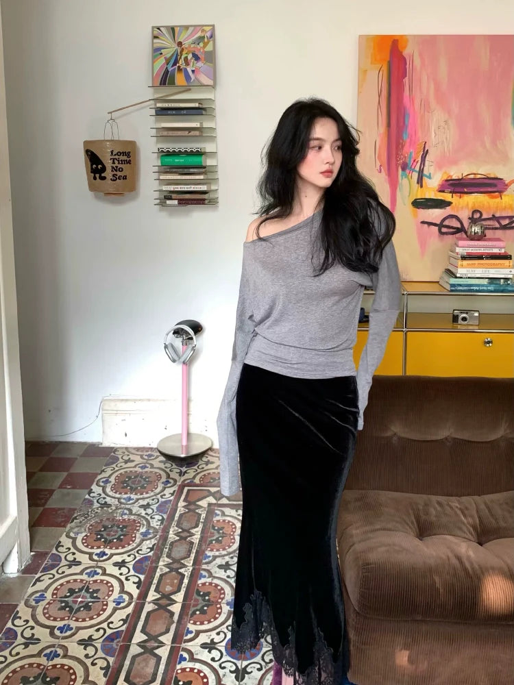 Slanted Shoulder Long Sleeve Top