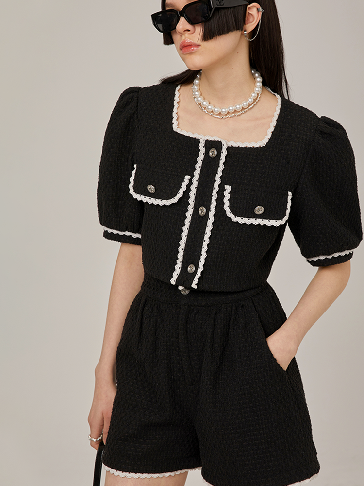 Tweed Short-Sleeve Blouse and Short Setup