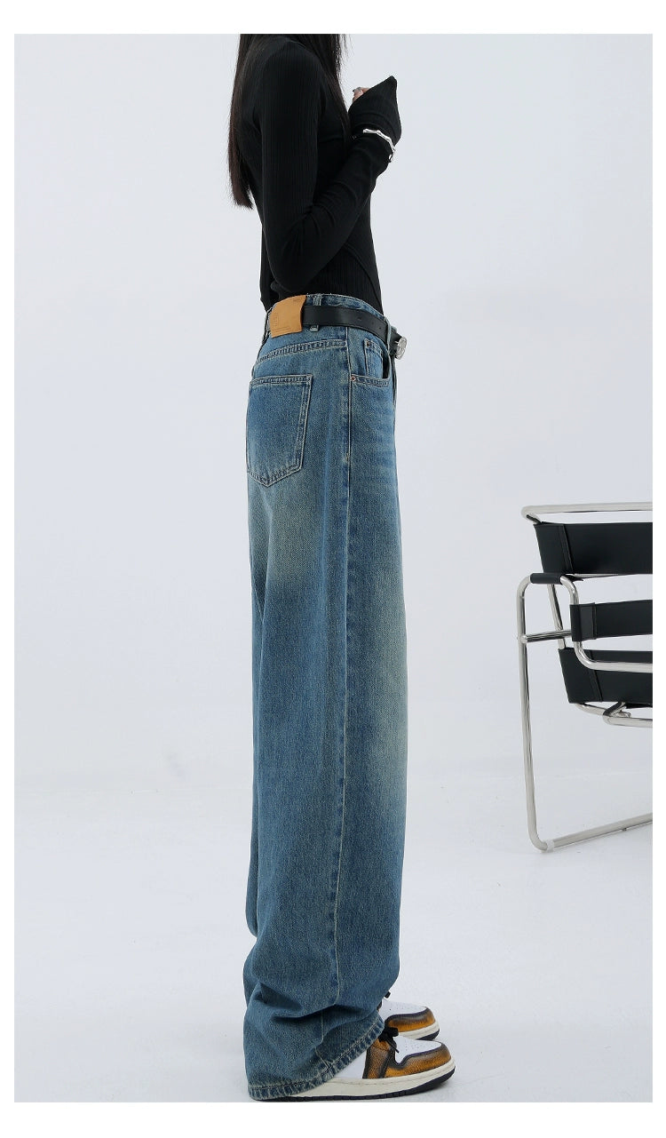 Blue Retro Loose Straight-Leg High-Waist Floor-Length Jeans - chiclara