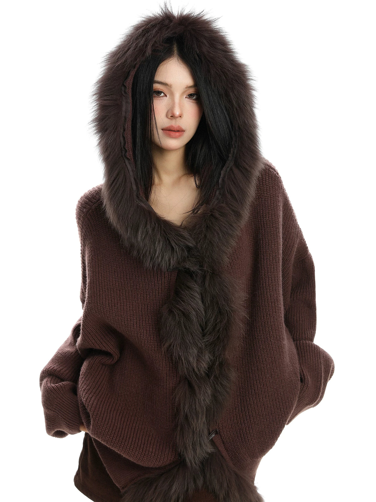 Shadow Luxe Fur-Trim Hooded Knit Cardigan