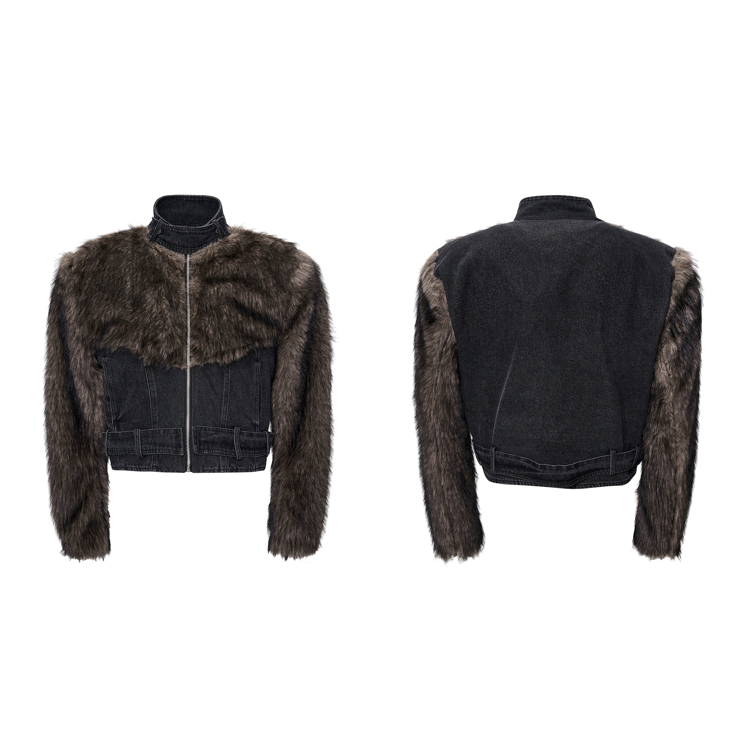 Black Denim Jacket with Faux Fur Sleeves and Shoulders