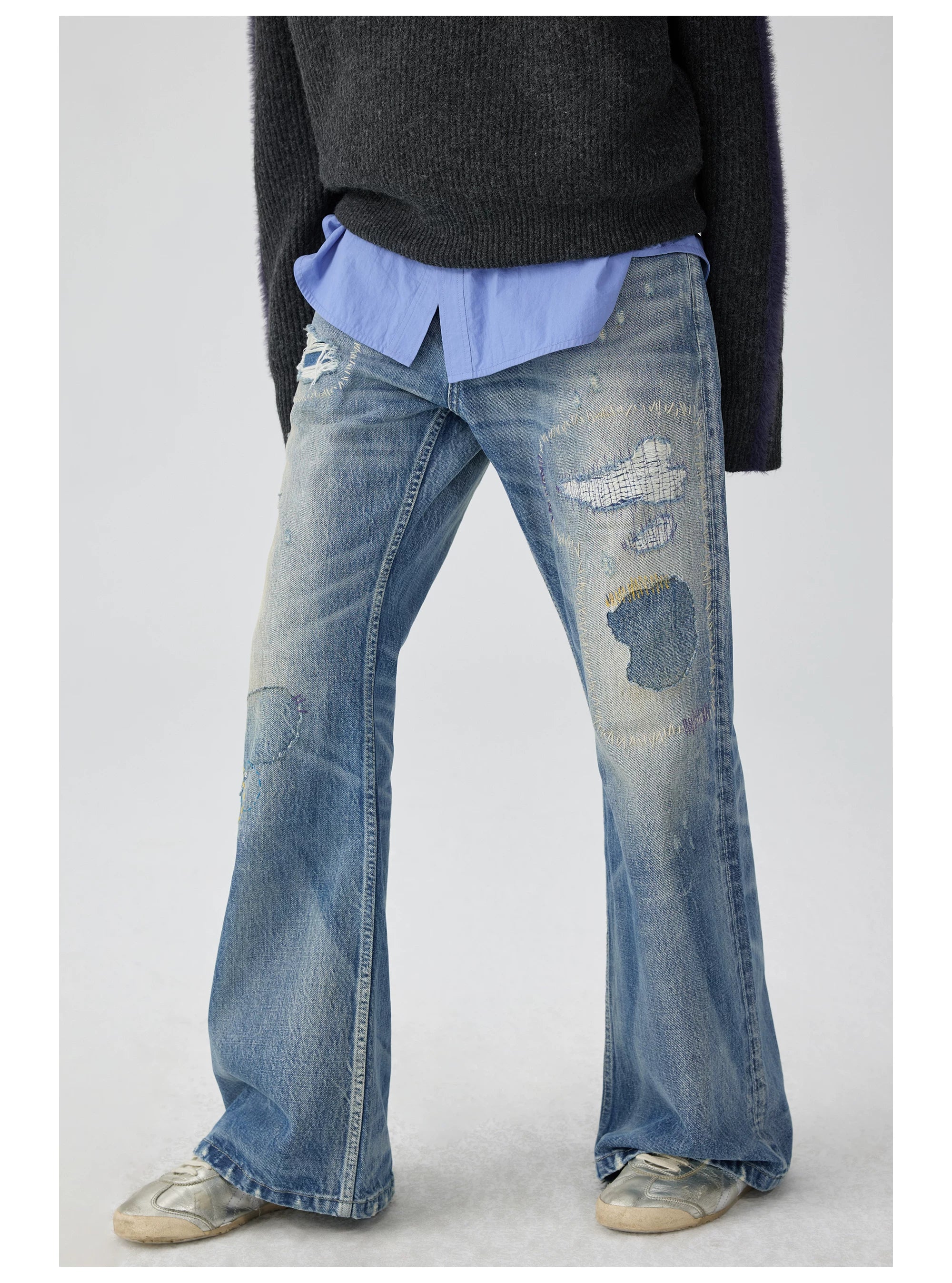 Distressed Patchwork Flared Jeans
