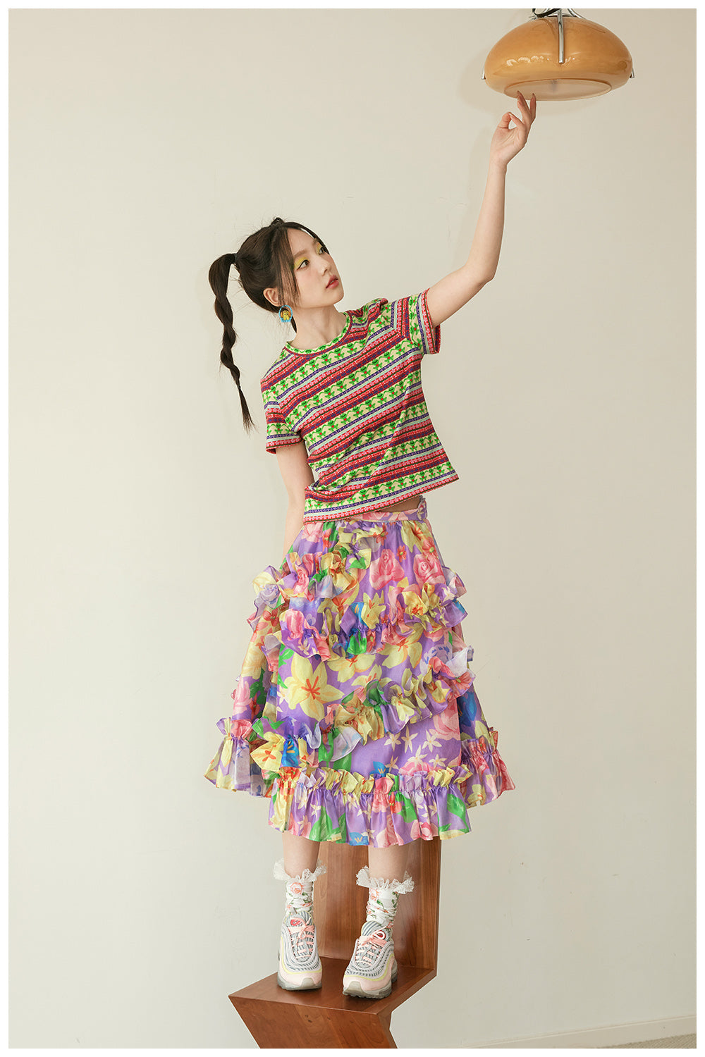 Floral Ruffle Watercolor Midi Skirt