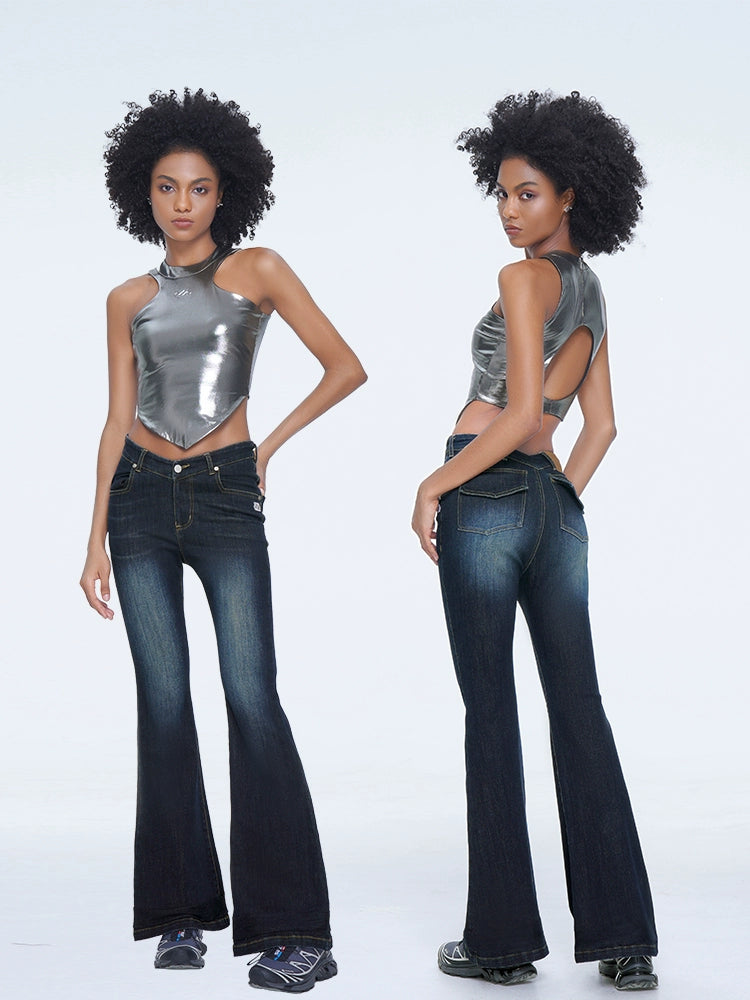 Dark Wash Bell-Bottom Jeans - chiclara