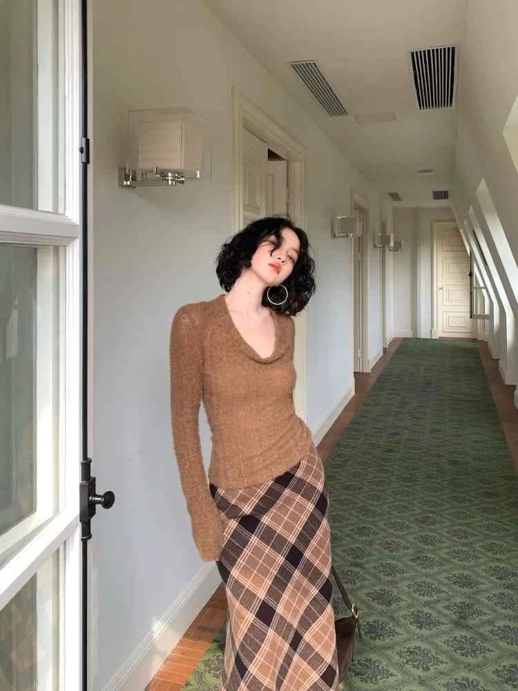 Brown and Black Plaid A-Line Maxi Skirt