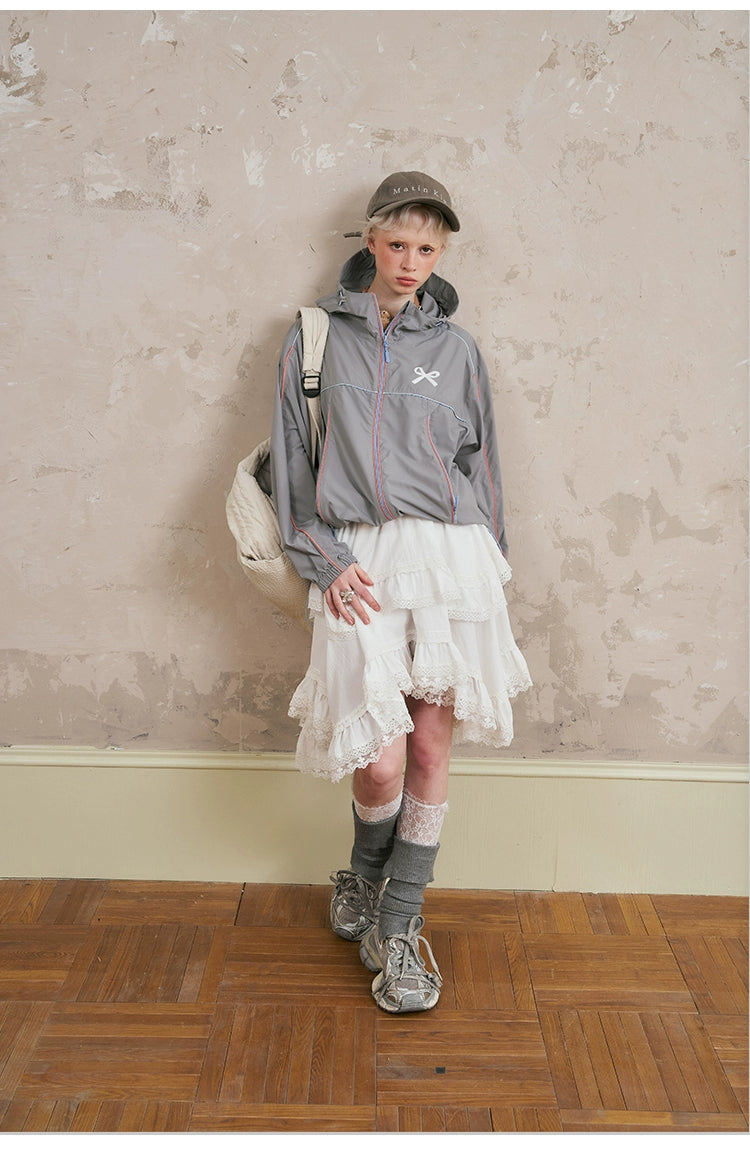 Sporty Hooded Jacket & Tiered Lace Midi Skirt Set