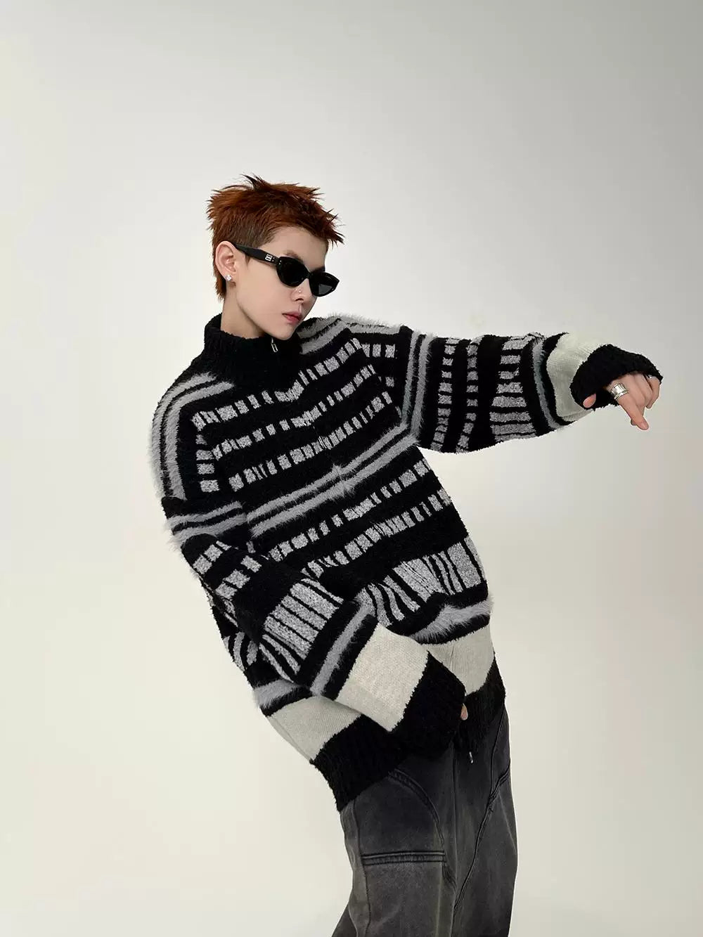 Metro Lines Fuzzy Zip Knit Sweater