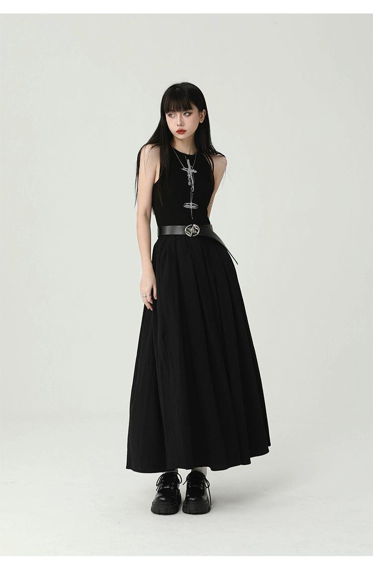 Ladyghost 고딕 슬리브리스 맥시 드레스 - 여성용 블랙 A라인 가운, 크로스 펜던트 및 펜타그램 벨트