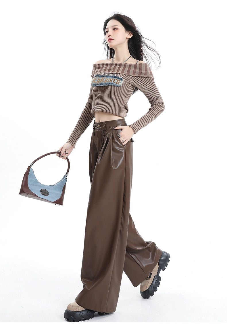 Coffee Wide-Leg Pu Leather Pants - chiclara
