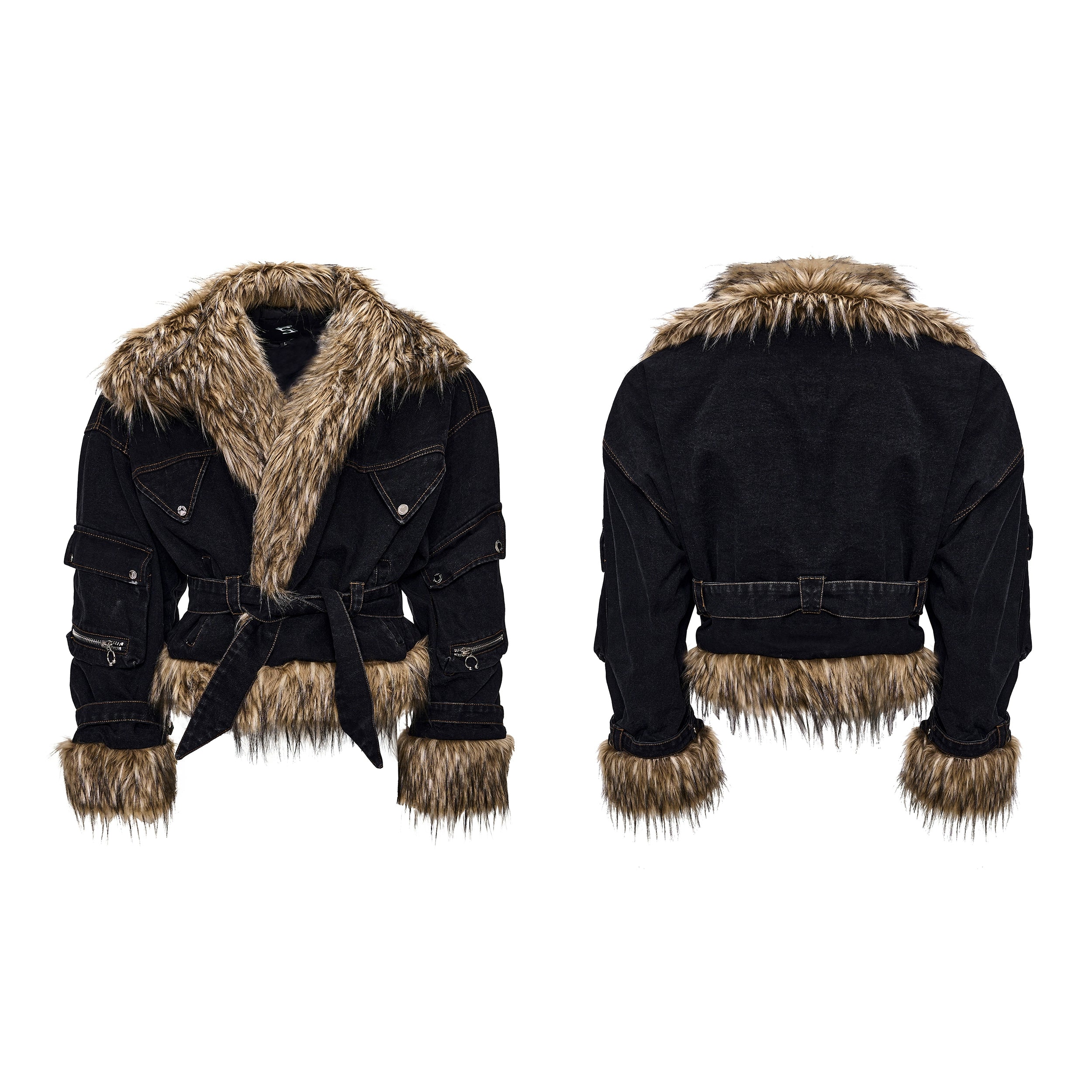 Black Denim Faux Fur Trim Belted Jacket