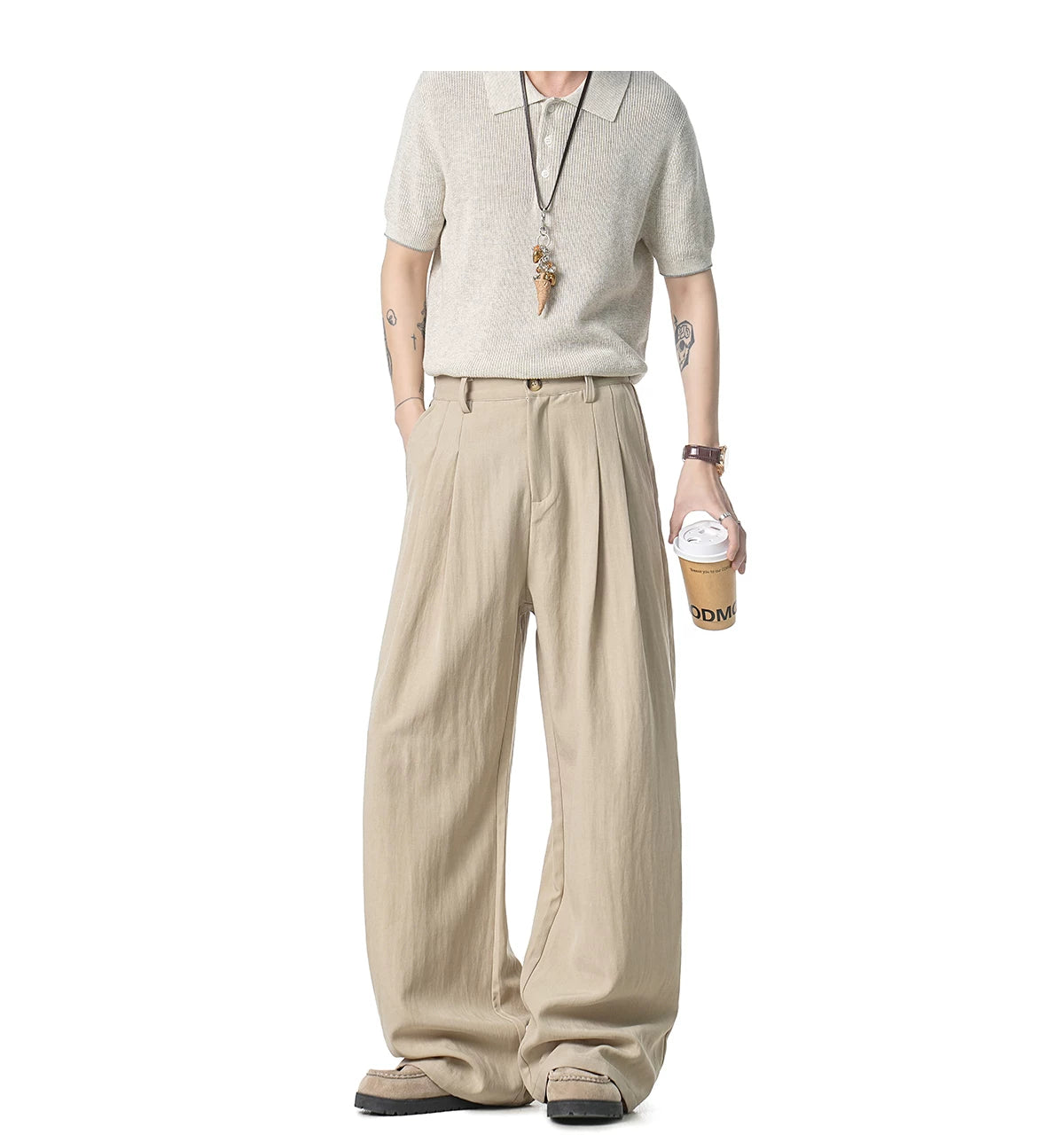 Latte Pleat Relaxed Wide-Leg Trousers