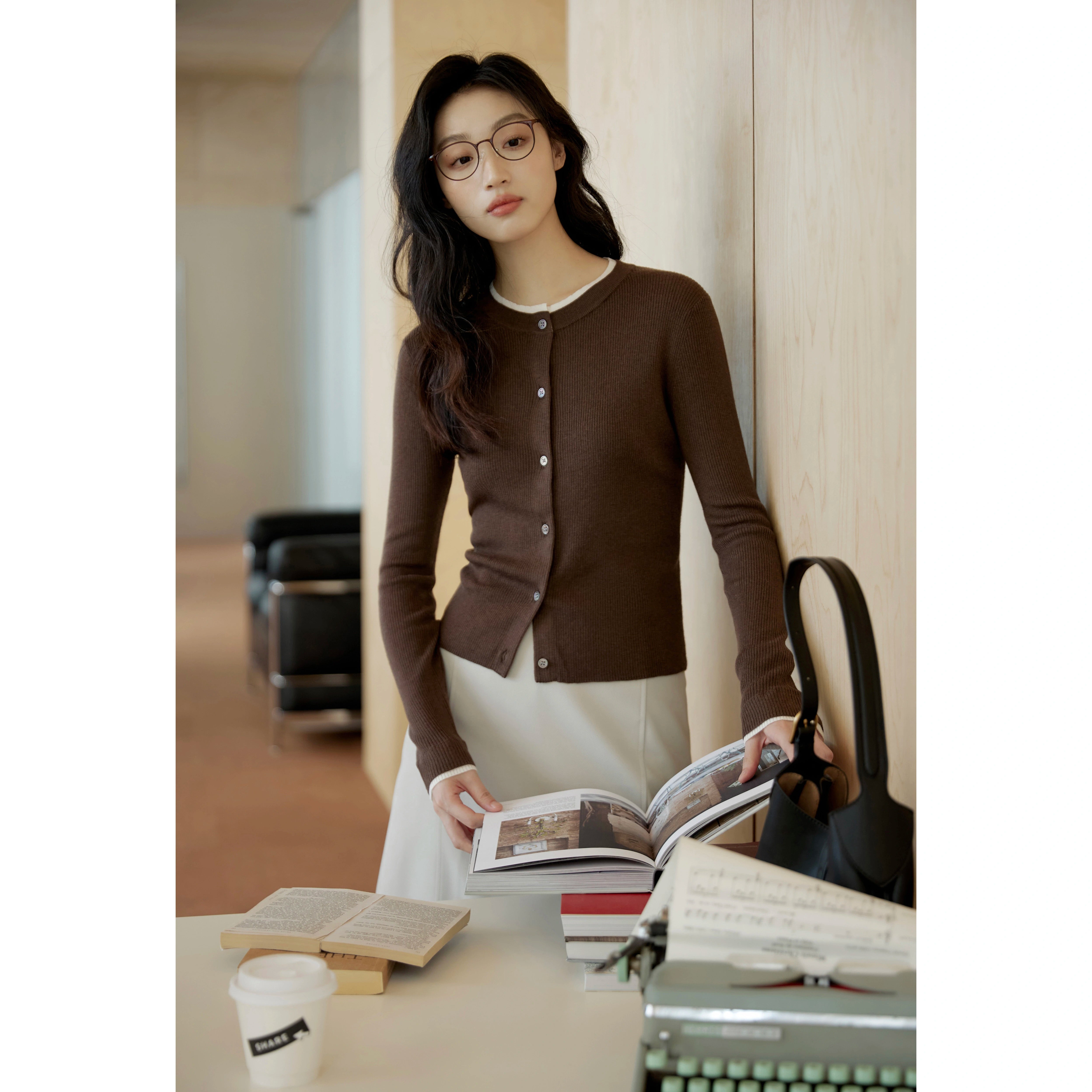 Button-Up Cardigan Sweater with White Inner Layer