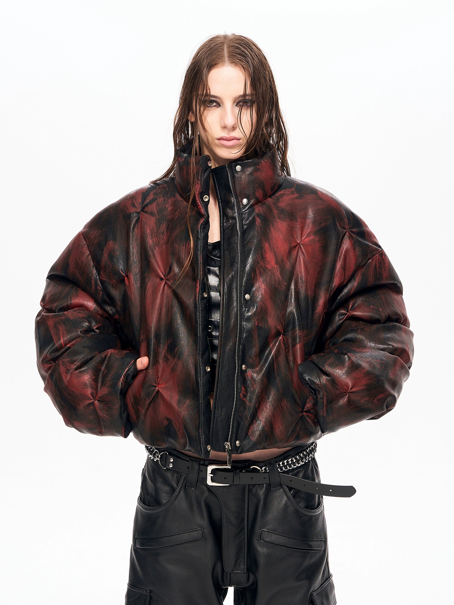 Crimson Storm Oversized Leather Puffer Jacket