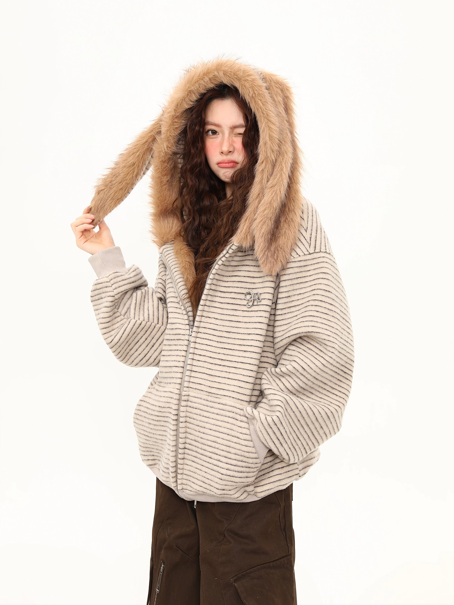 Fluffy Bunny Ear Stripe Hoodie