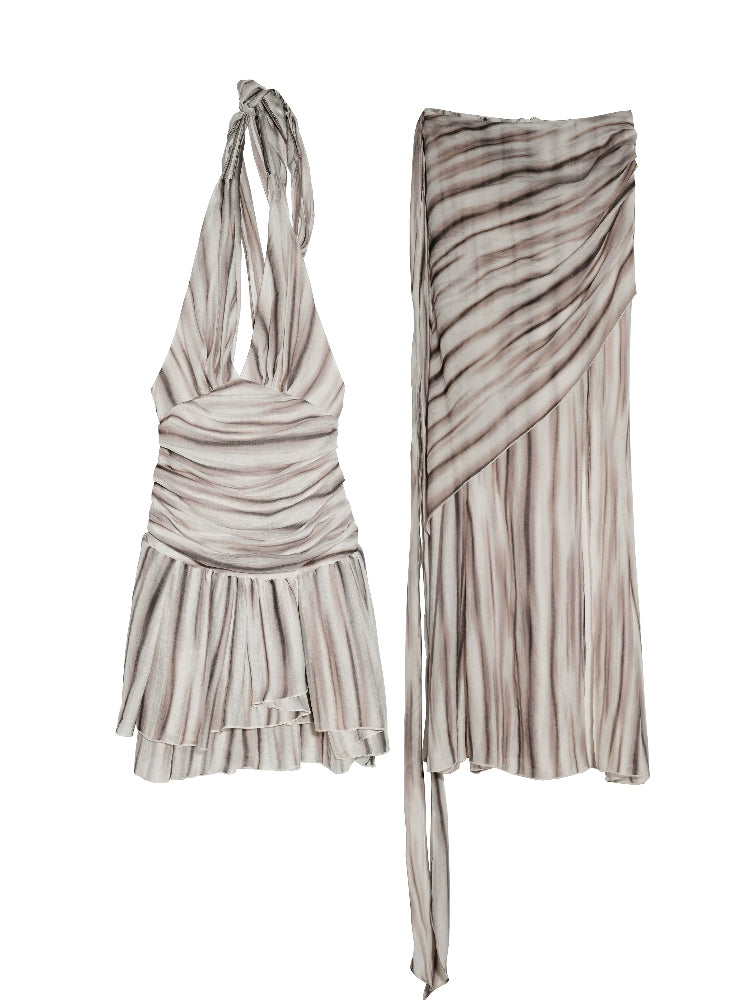 Ruched Halter Striped Two-Piece Dress Set