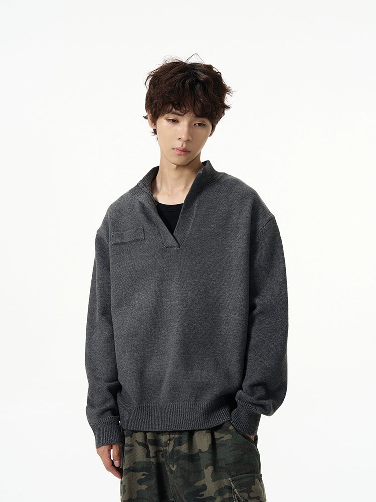 Charcoal Half-Placket Knit Sweater