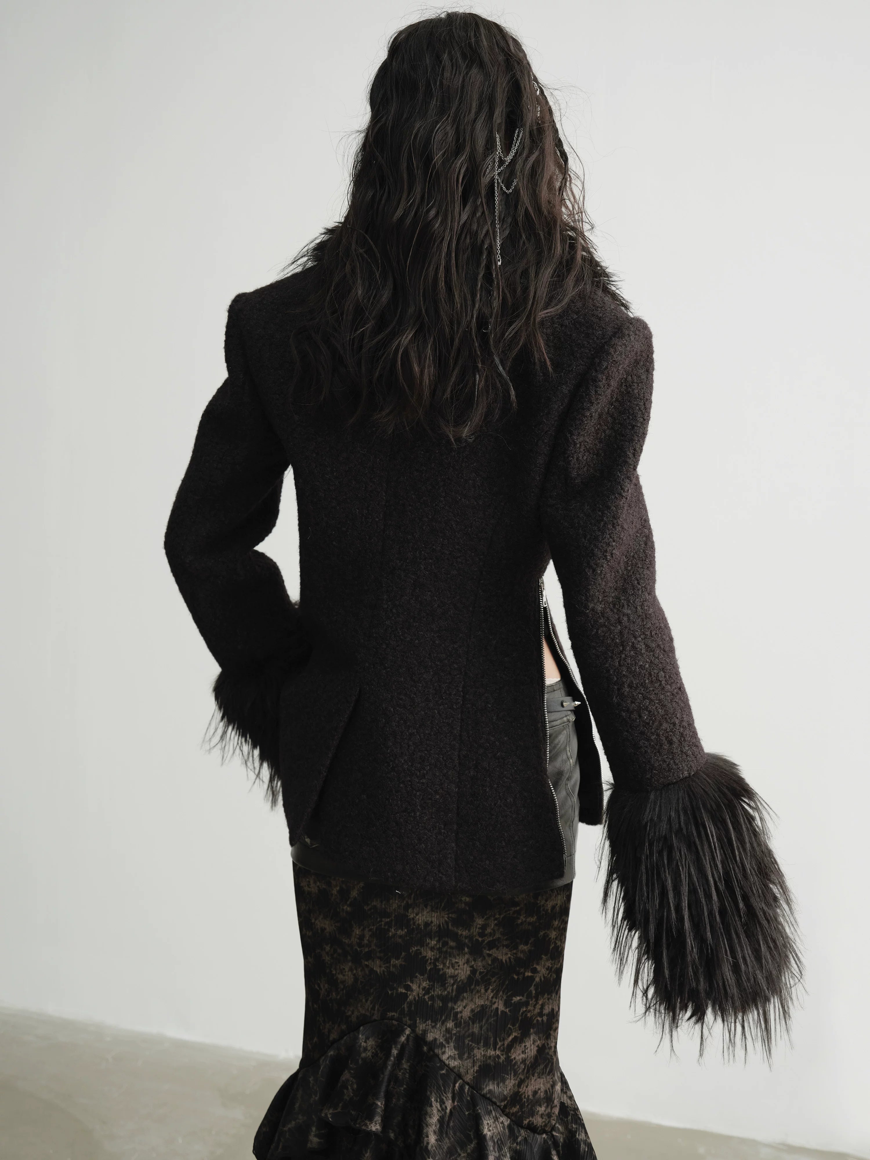 Shadowplume Textured Fur Cuff Coat