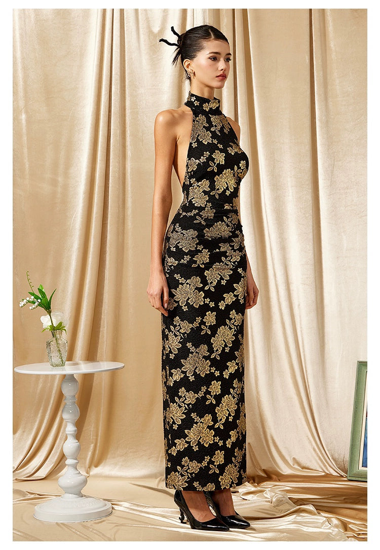 Modern Cheongsam With Gold Print Halter Evening Dress - chiclara