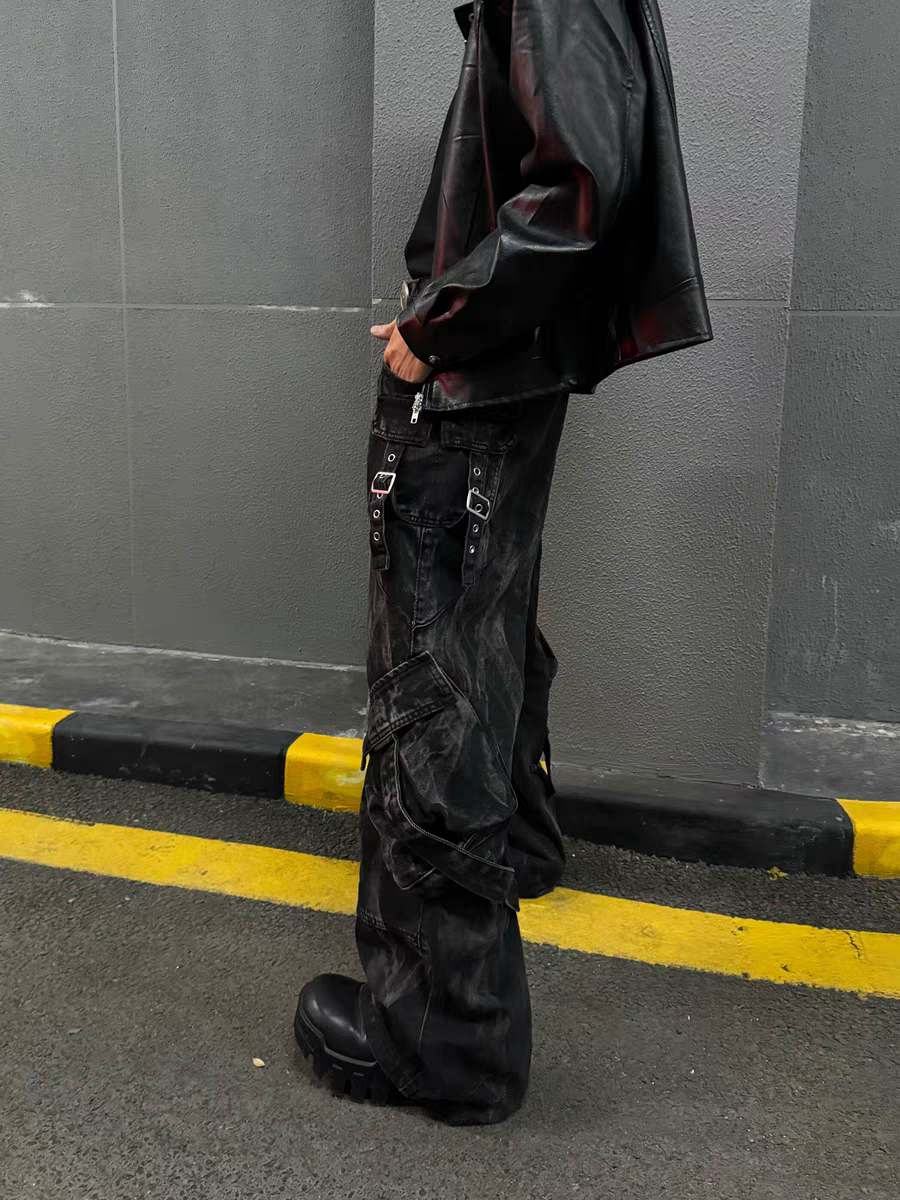 Black Acid Wash Cargo Jeans