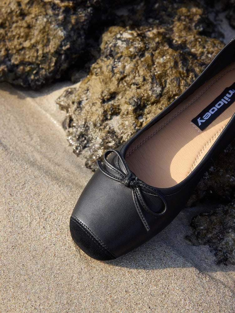 Bow-Trim Velvet Square-Toe Ballet Flats