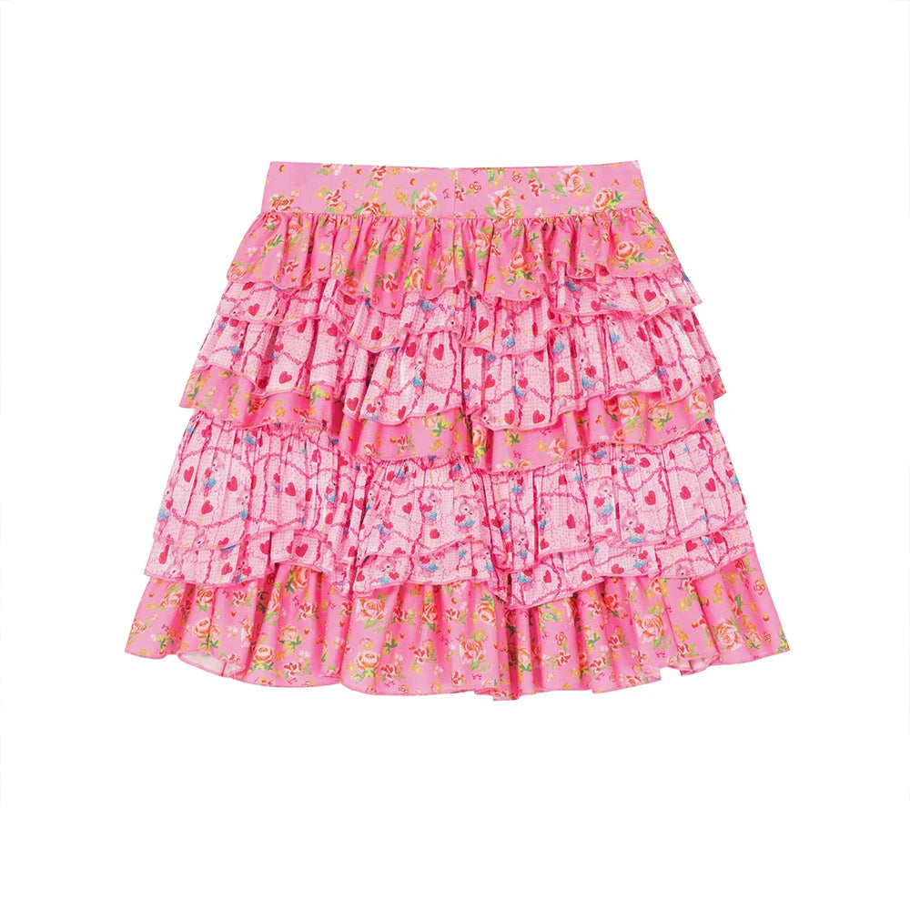 Pink Floral Hearts Tiered Ruffle Skirt
