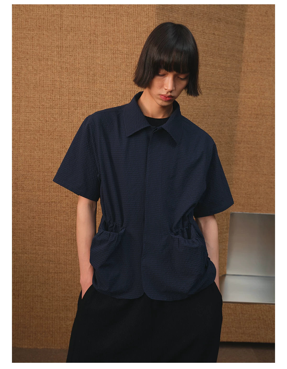 Textured Front Patch Pockets Short-Sleeve Shirt