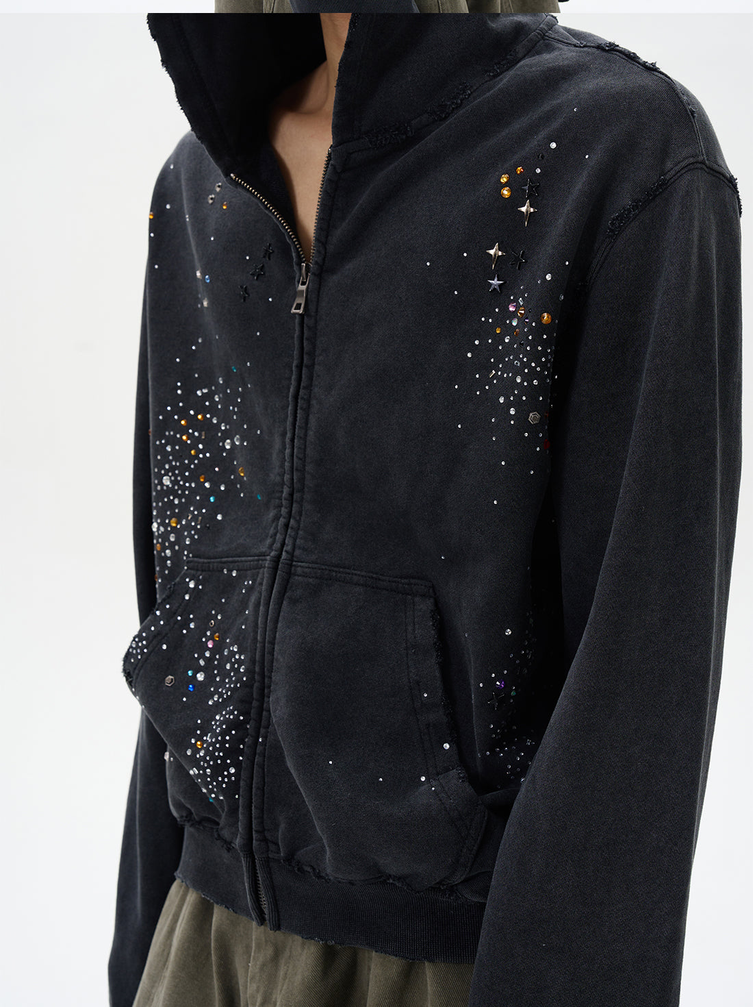 Black Distressed Zip-Up Hooded Sweatshirt