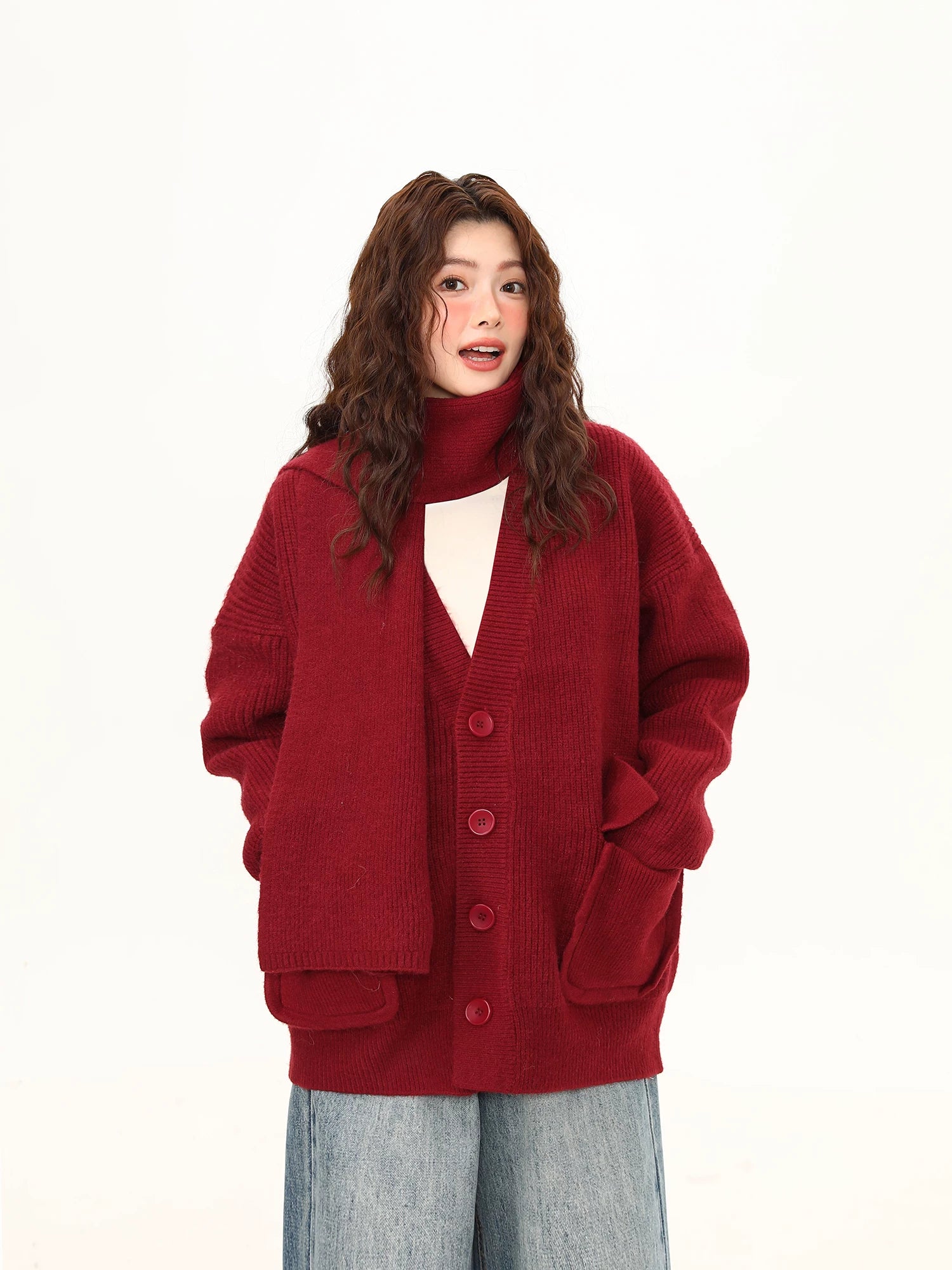 Crimson Cocoon Knit Scarf-Cardigan