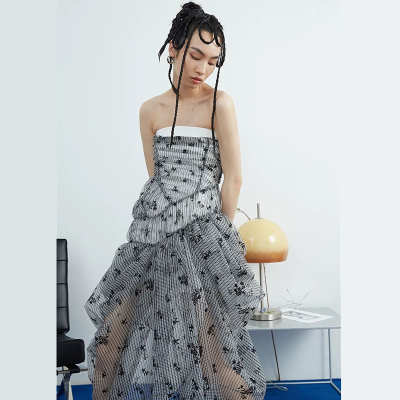Monochrome Floral Smocked Mesh Dress