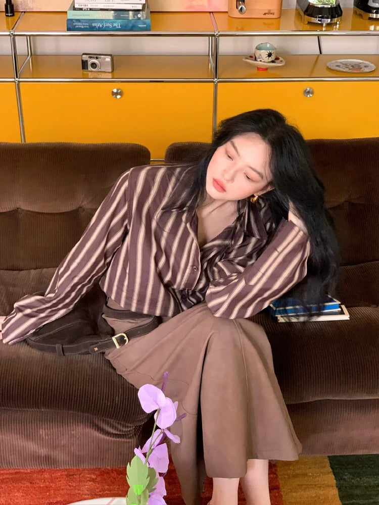 Brown and Beige Striped Button-Up Shirt