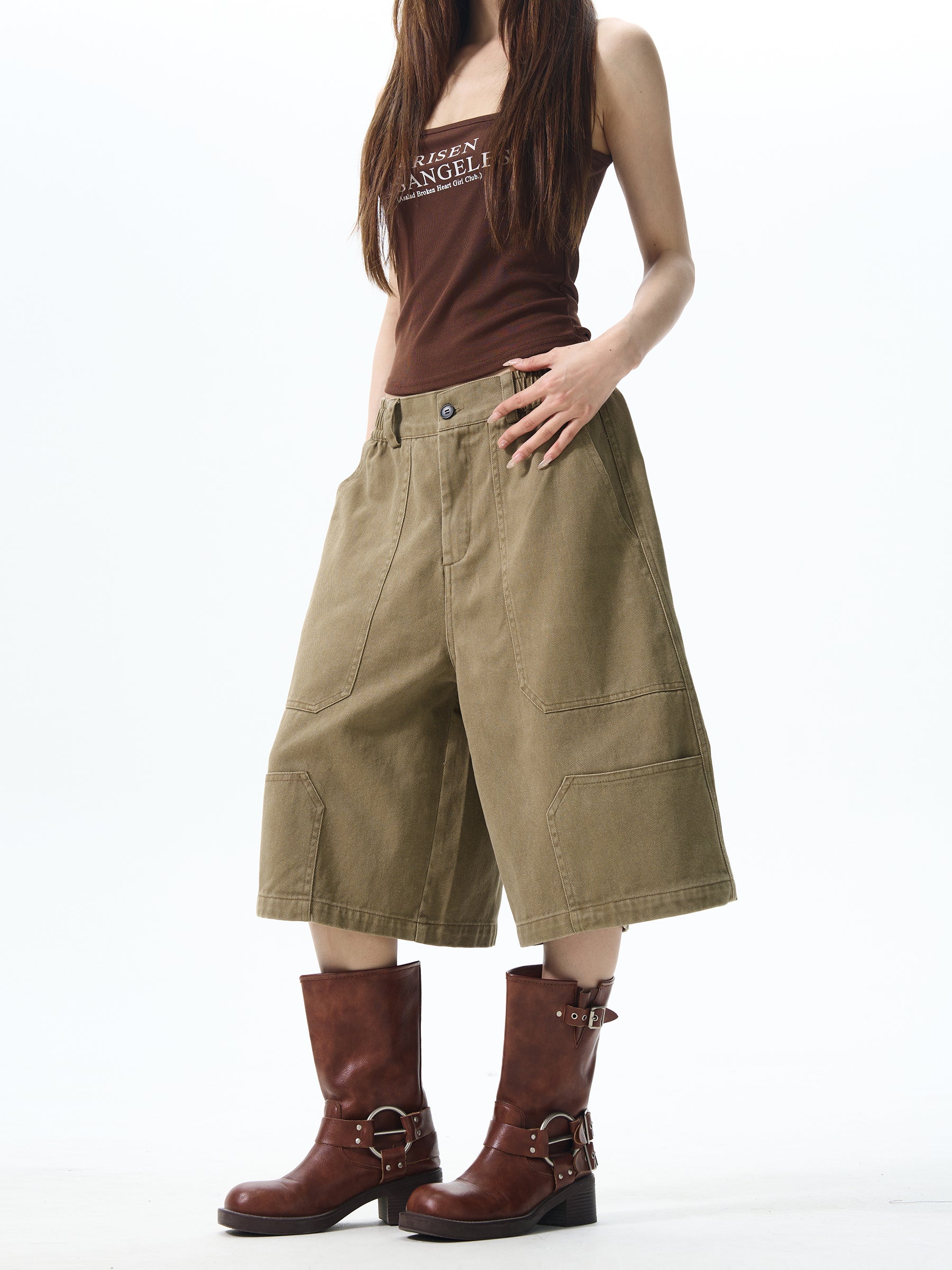 Khaki Wide-Leg Cargo Shorts