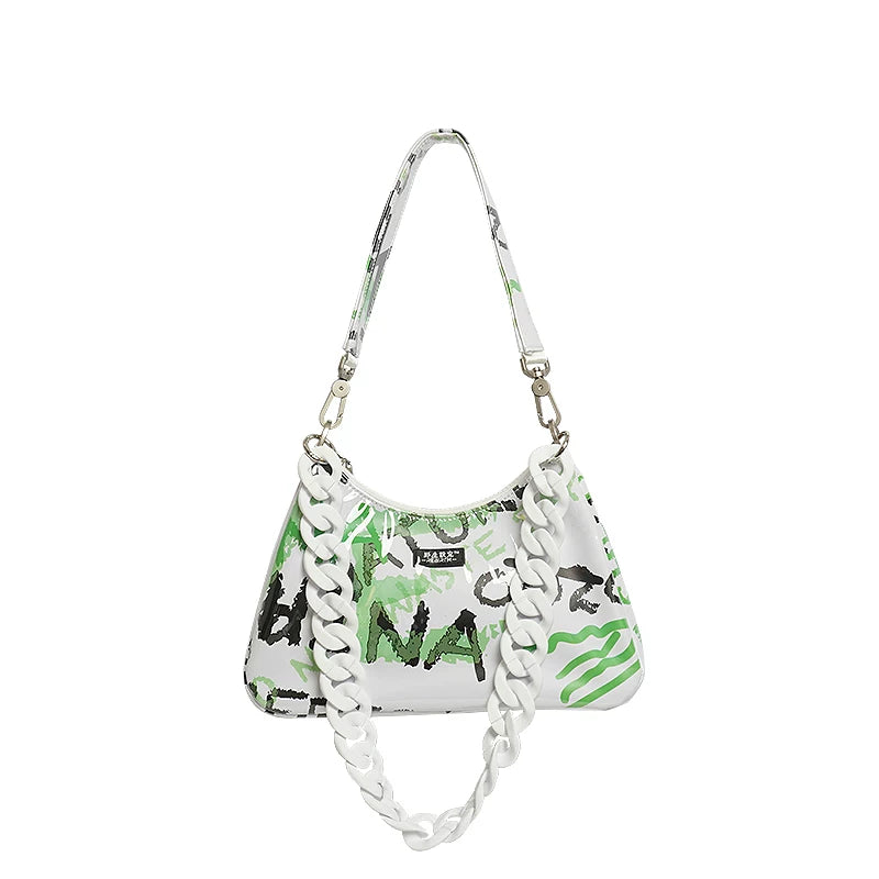 Graffiti Chain Crescent Shoulder Bag - Green Letter Graffiti