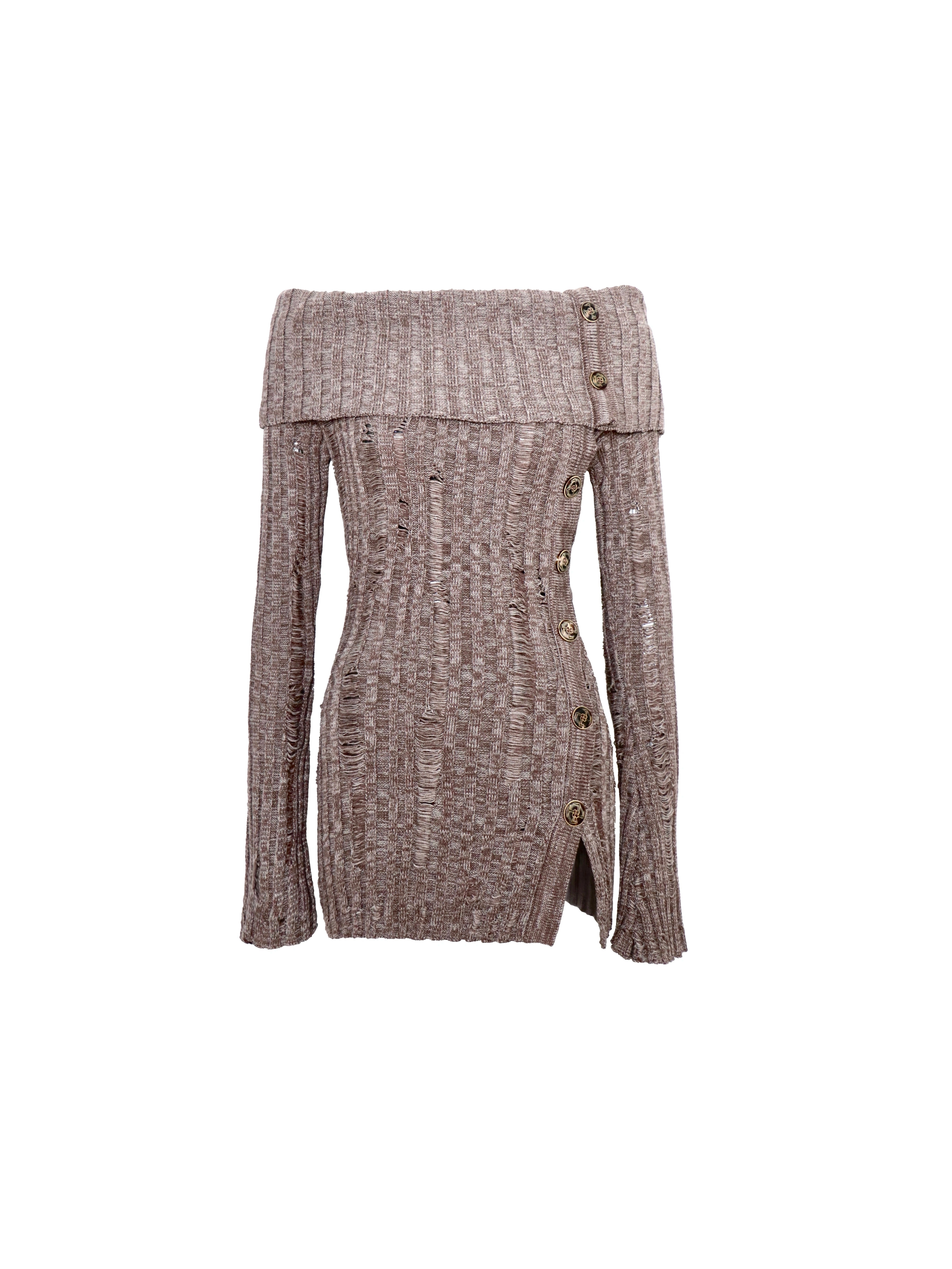 Cocoa Hearth Off‑Shoulder Button Knit Dress