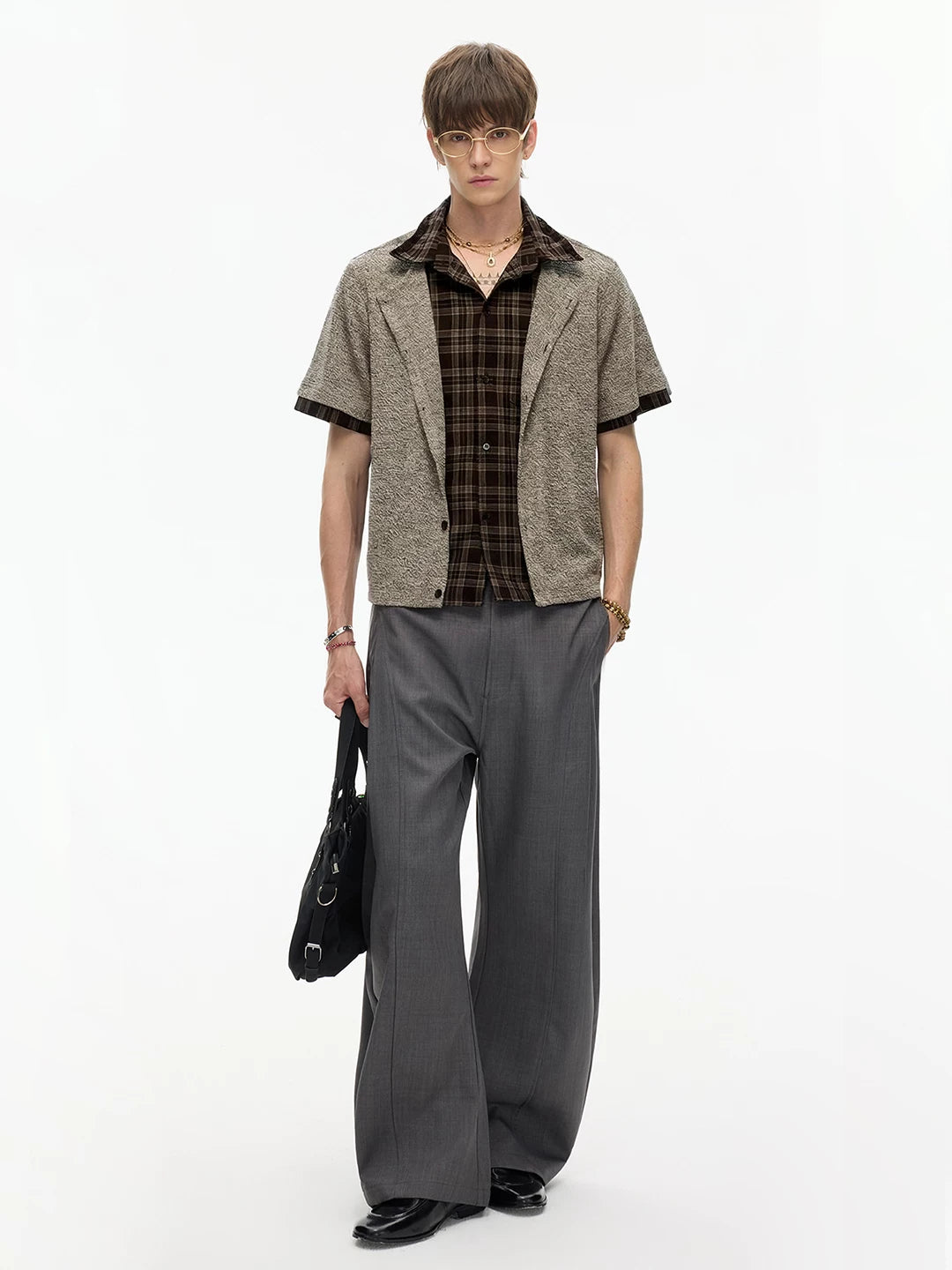 Mocha Plaid Trim Knit Shirt