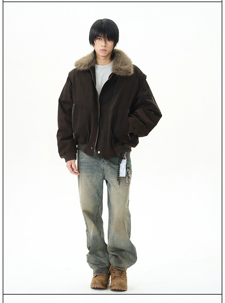 Mocha Faux Fur Collar Aviator Jacket