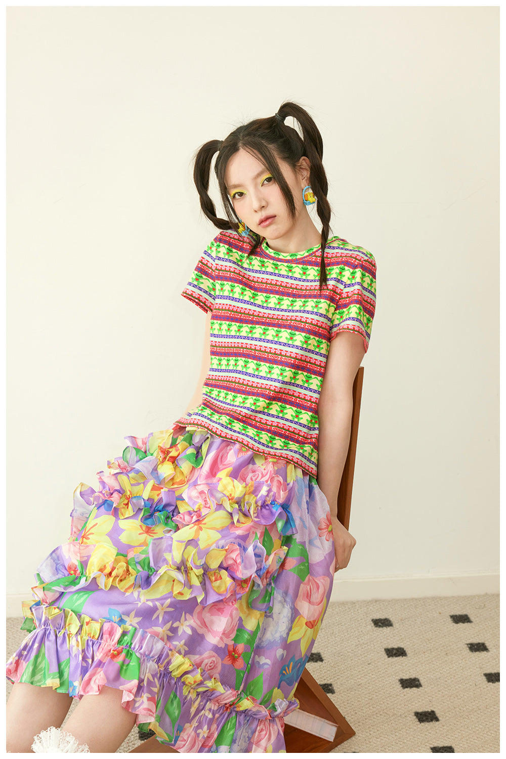 Floral Ruffle Watercolor Midi Skirt