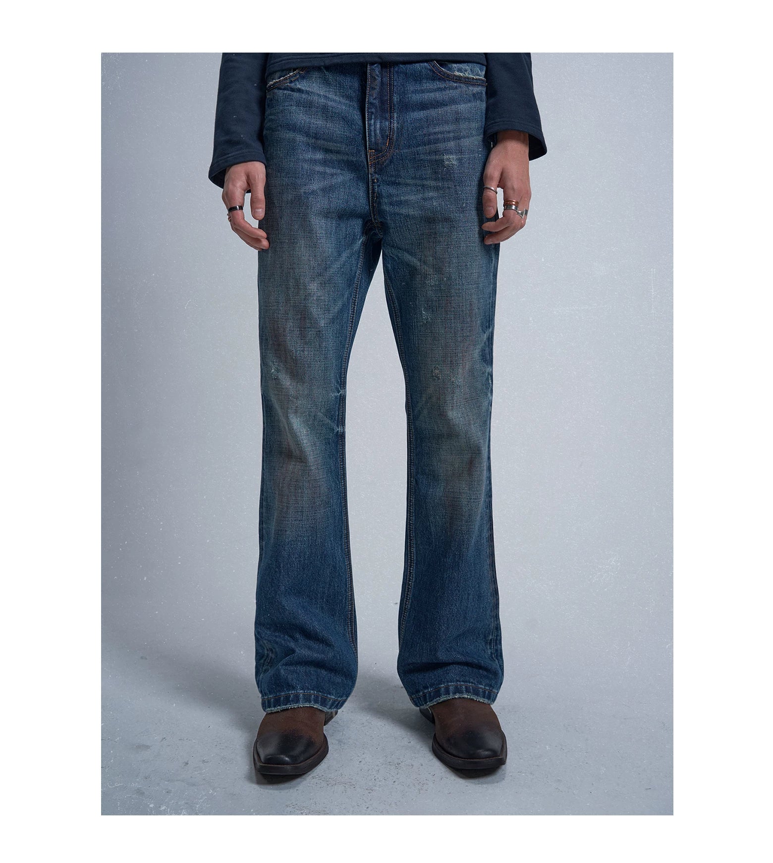 Rust‑Dyed Navy Distressed Bootcut Jeans