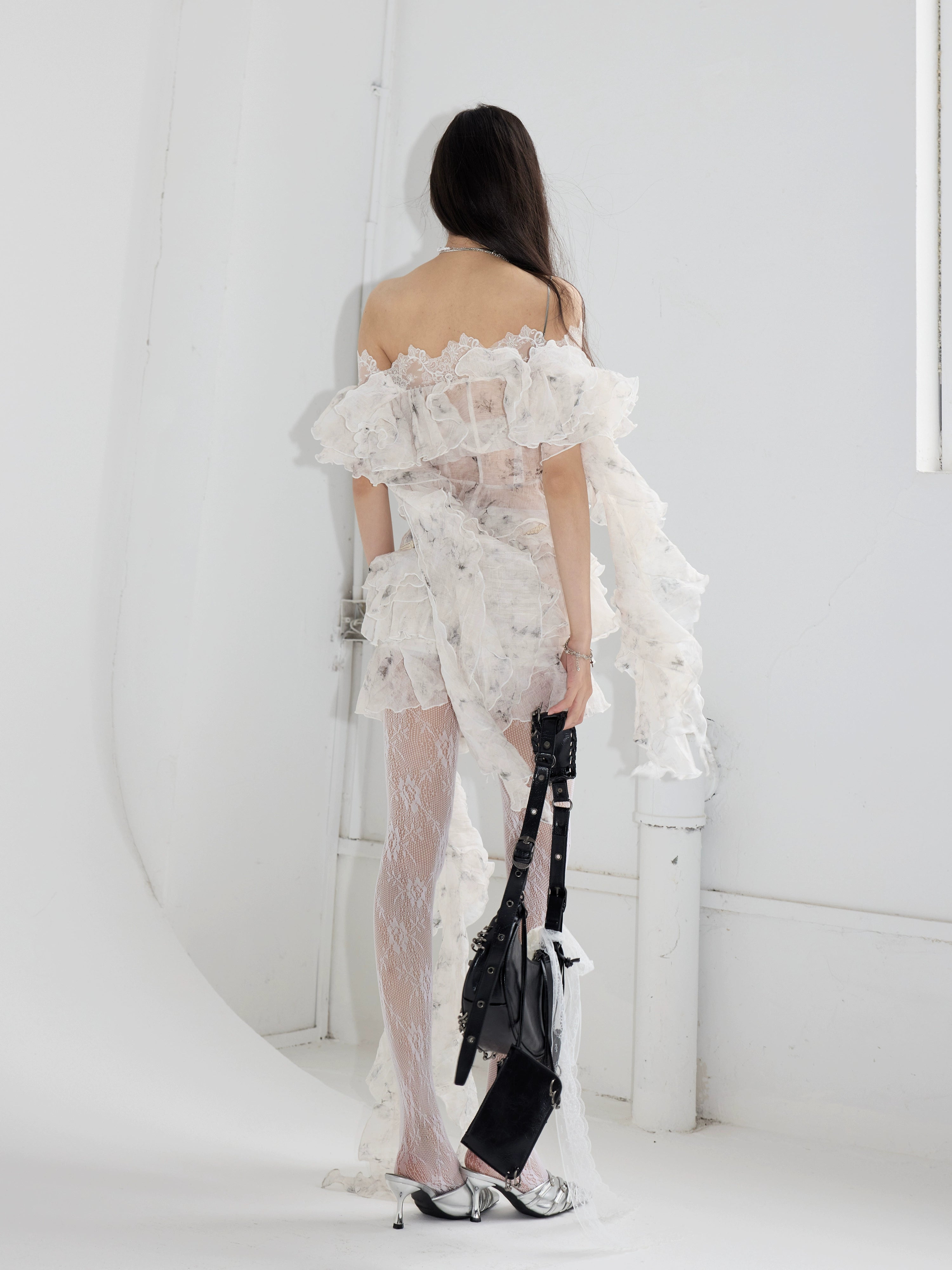 Asymmetrical Tiered Lace Ruffle Shirt in White