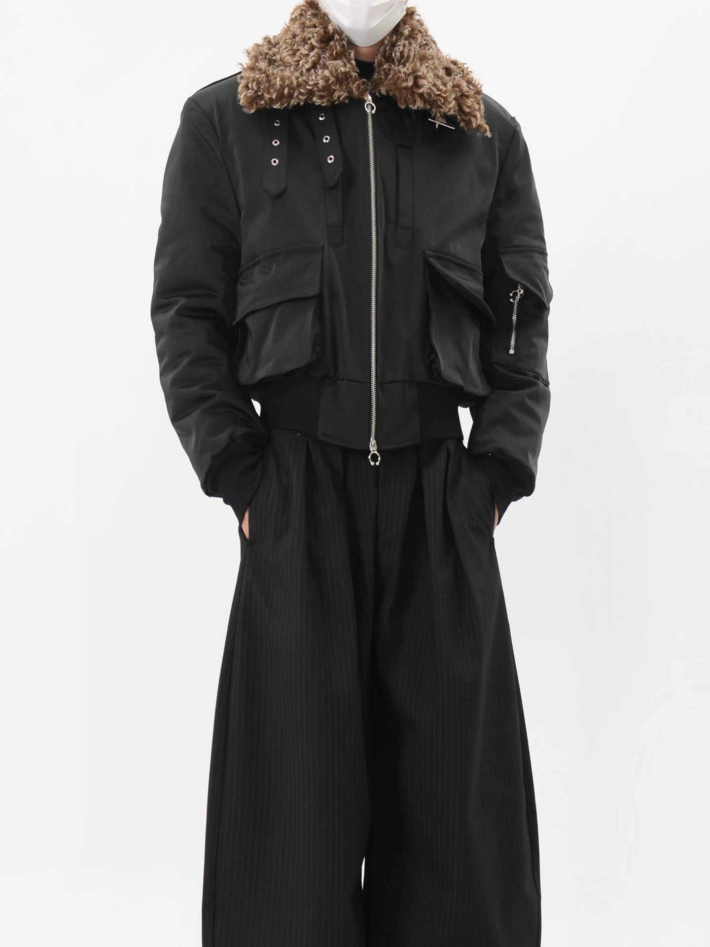 Black Faux Fur Collar Utility Bomber Jacket