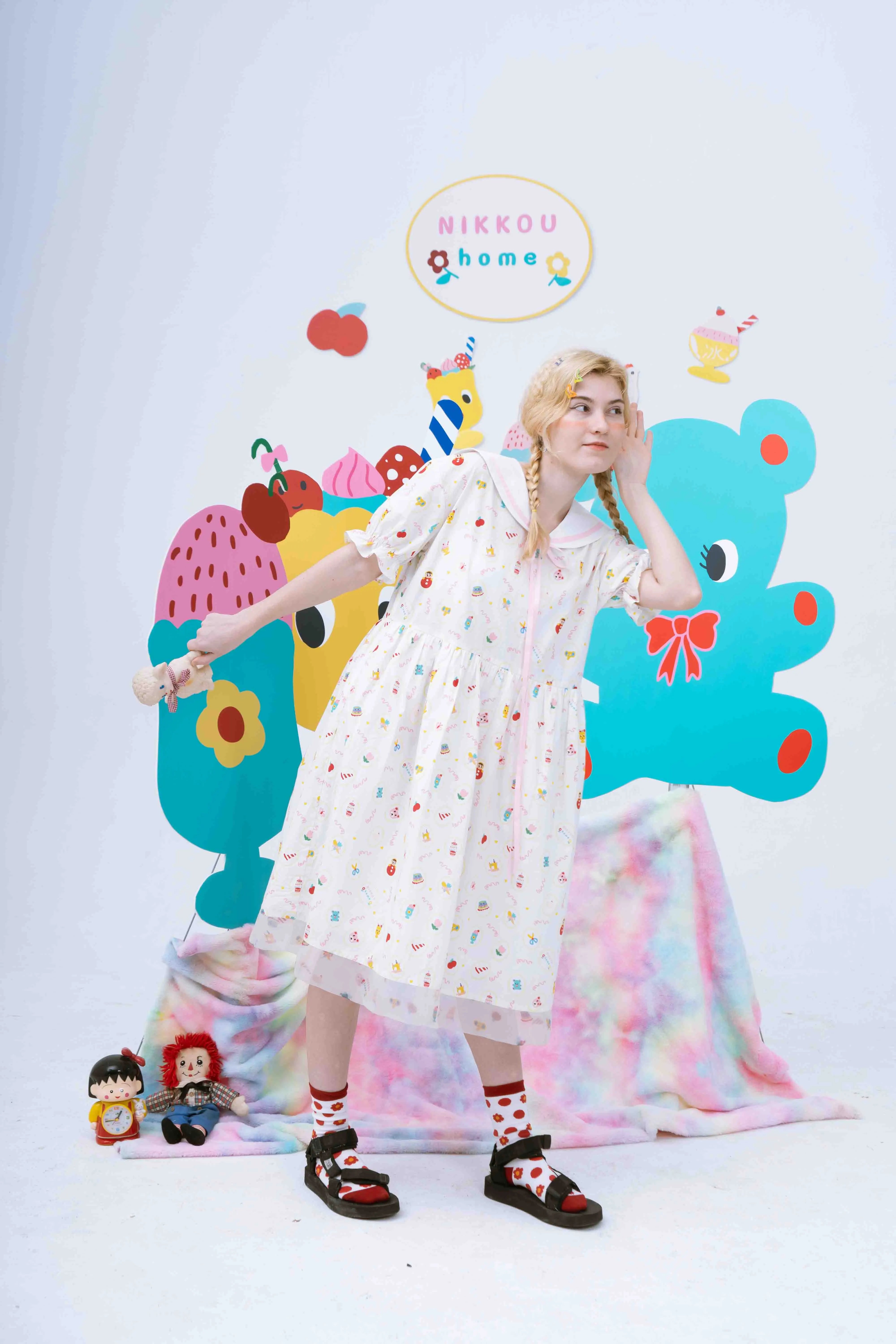 Sweet Milkshake Print Ruffle Babydoll Dress