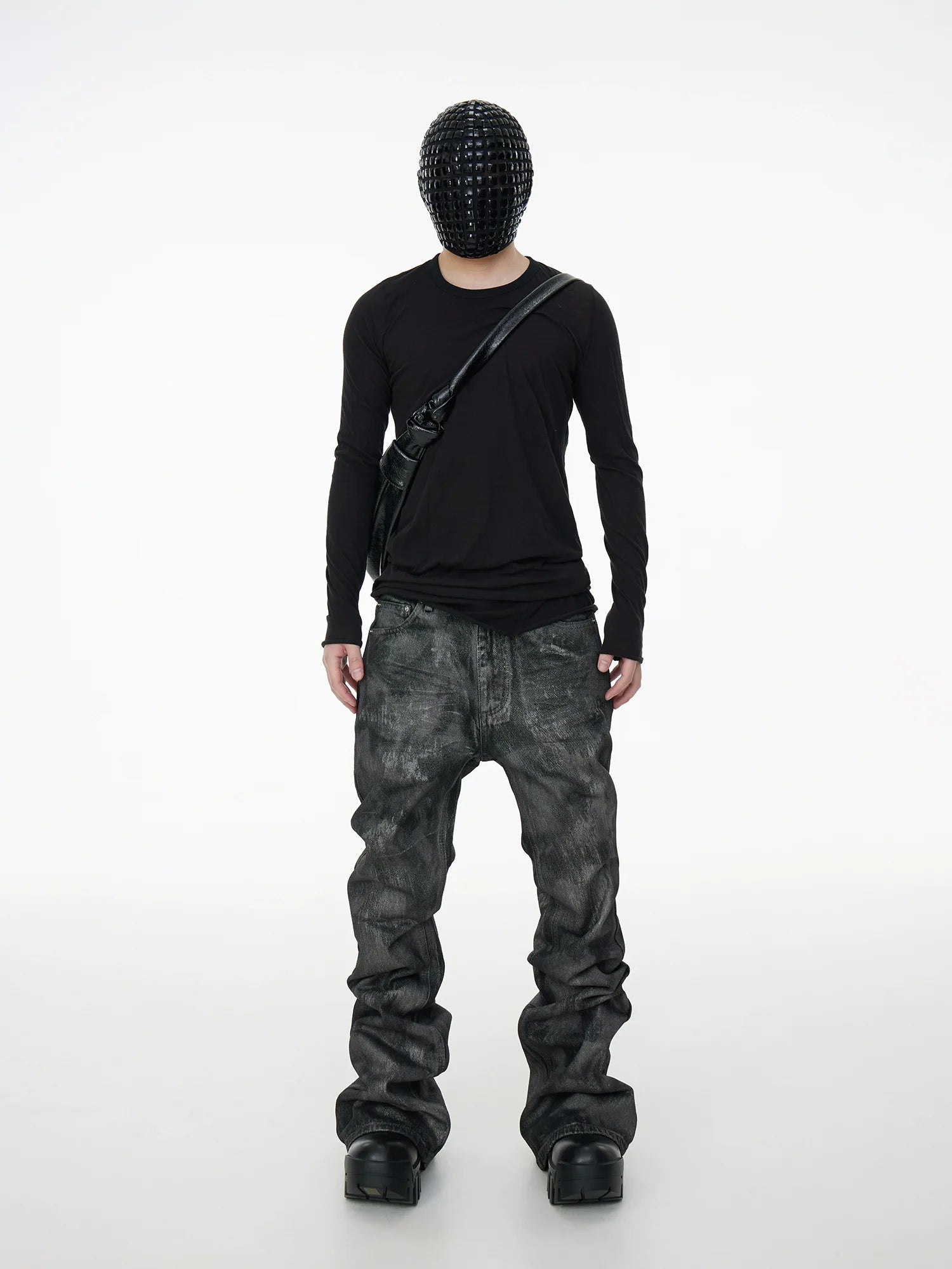 Glitter Coated Acid Wash Black Stacked Jeans