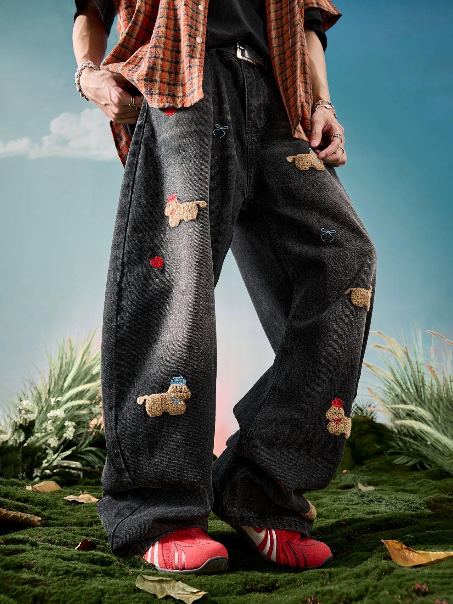 Embroidered Dog Patch Baggy Jeans