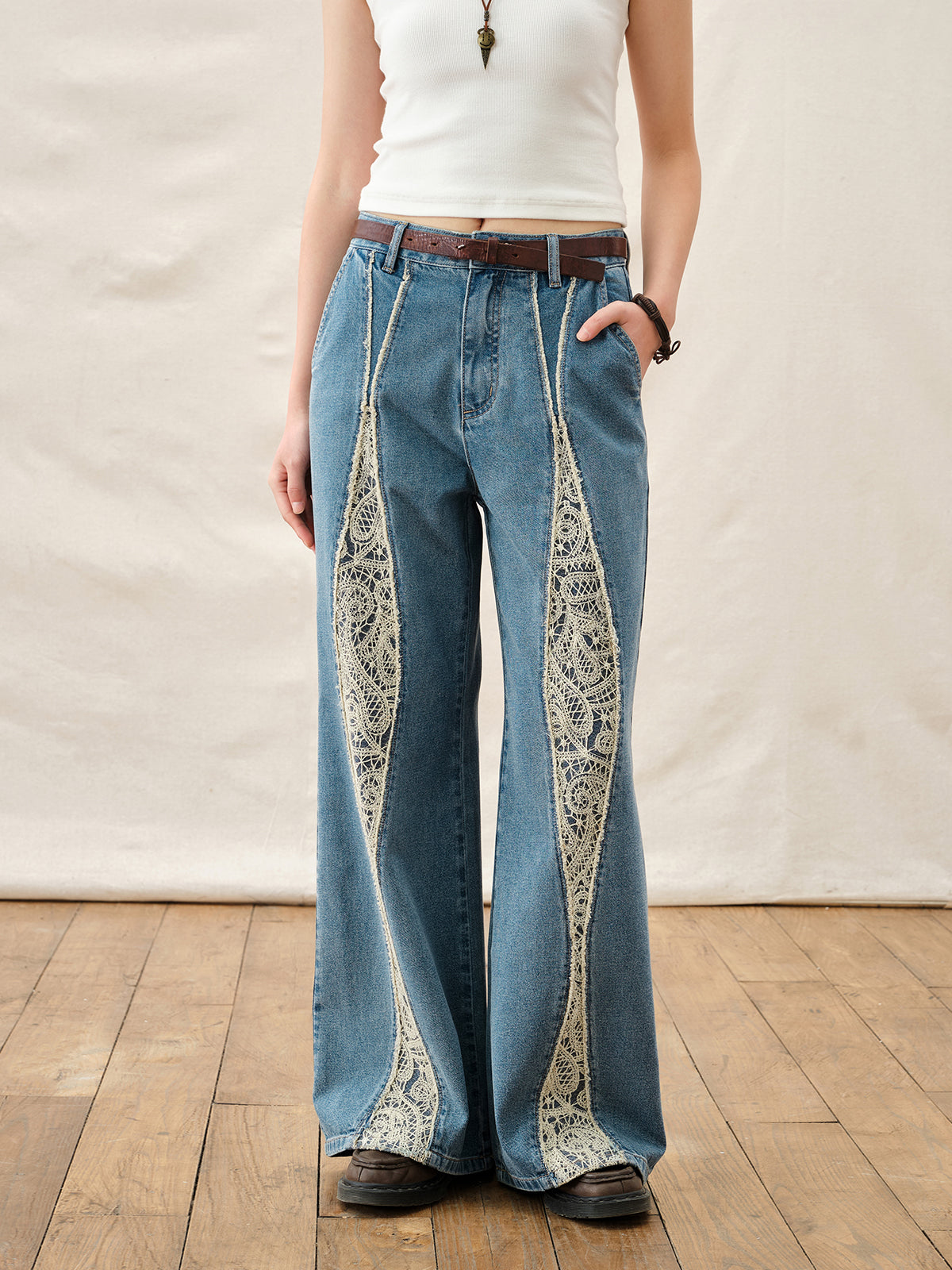 Embroidered Denim Wide Leg Jeans