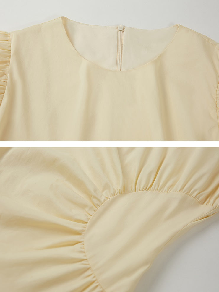 Round Neck Puff Sleeve Long Gather One-Piece - chiclara