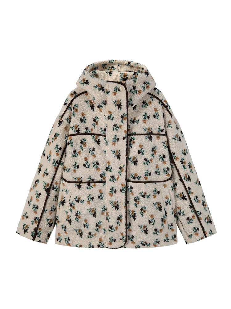 Floral Print Sherpa Jacket with Hood and Contrast Piping